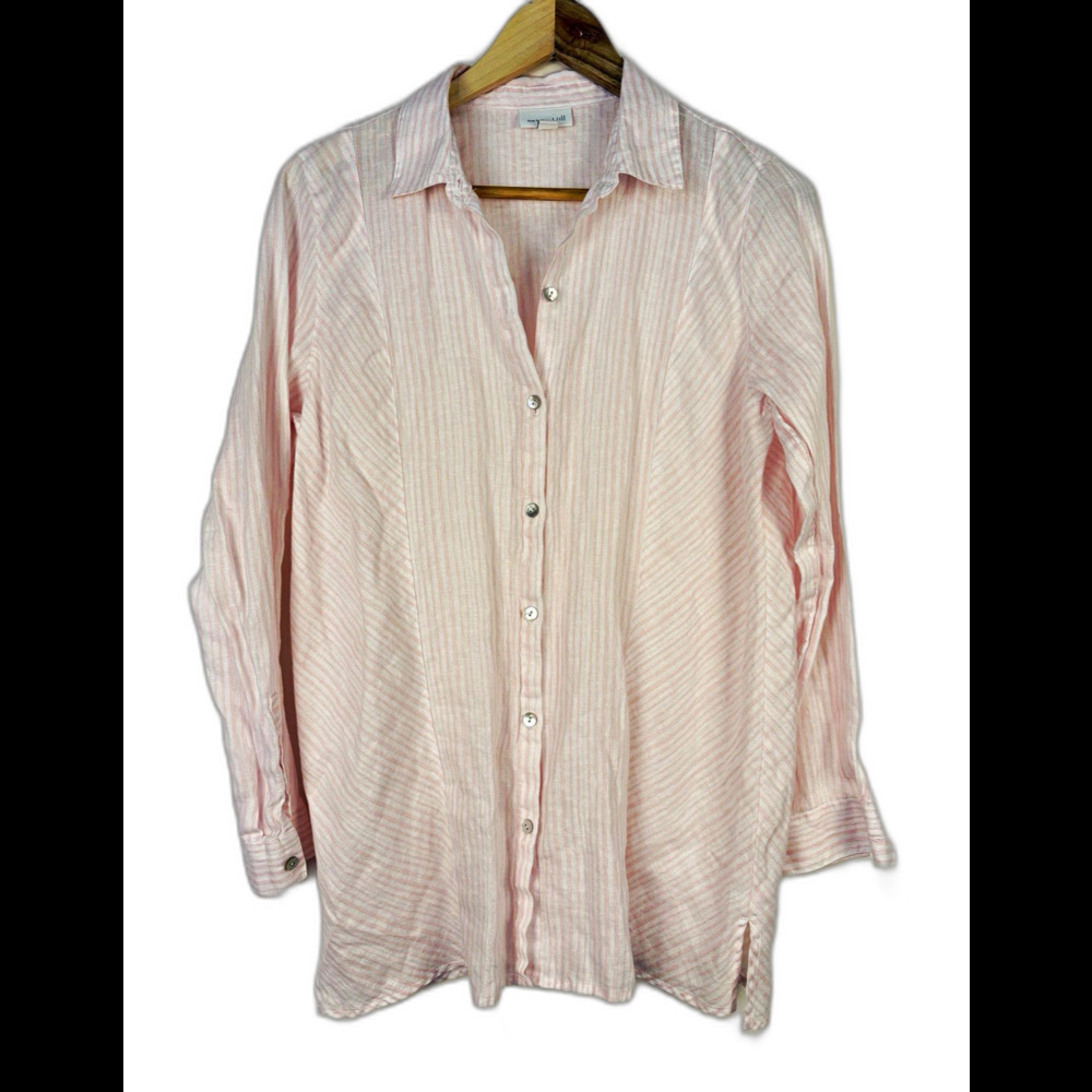 J. Jill Love Linen Button-Up Shirt Pink White Stripe Long Sleeve Women’s Small